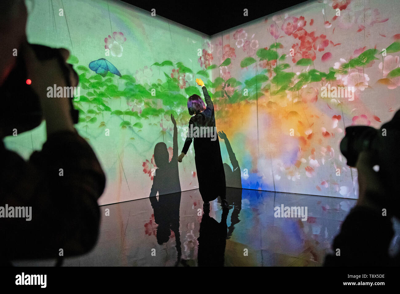 A women interacts with the 'What a Loving and Beautiful World' digital installation at a press preview for 'AI: More Than Human' exhibition at the Barbican Centre in London. The major new exhibition explores the relationship between humans and artificial intelligence. Stock Photo
