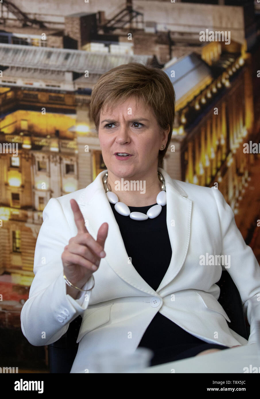 First Minister Nicola Sturgeon during a visit to Tay House, Glasgow, where she met with EU nationals working at the University of Glasgow ahead of next week's European election. Stock Photo