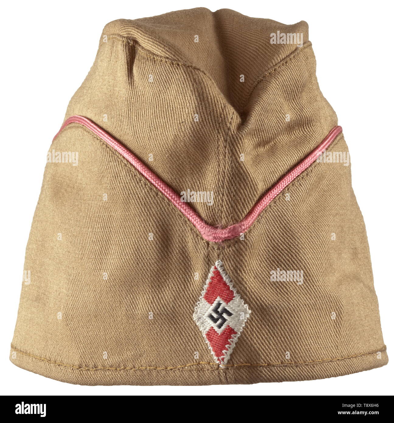 A side cap for members of the motorised HJ Sand-coloured cloth, pink piping, woven HJ emblem, brown inner liner with RZM cloth tag (an incorrect BDM tag sewn-in by the maker). historic, historical, 20th century, Additional-Rights-Clearance-Info-Not-Available Stock Photo