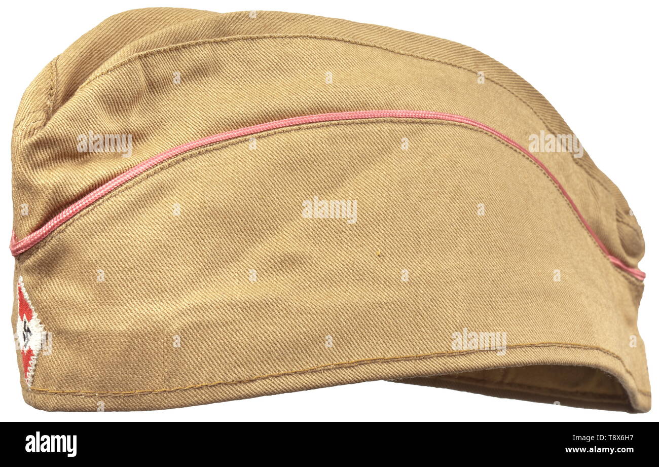 A side cap for members of the motorised HJ Sand-coloured cloth, pink piping, woven HJ emblem, brown inner liner with RZM cloth tag (an incorrect BDM tag sewn-in by the maker). historic, historical, 20th century, Additional-Rights-Clearance-Info-Not-Available Stock Photo