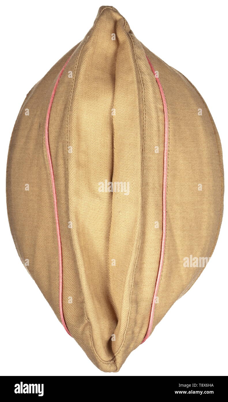 A side cap for members of the motorised HJ Sand-coloured cloth, pink piping, woven HJ emblem, brown inner liner with RZM cloth tag (an incorrect BDM tag sewn-in by the maker). historic, historical, 20th century, Additional-Rights-Clearance-Info-Not-Available Stock Photo