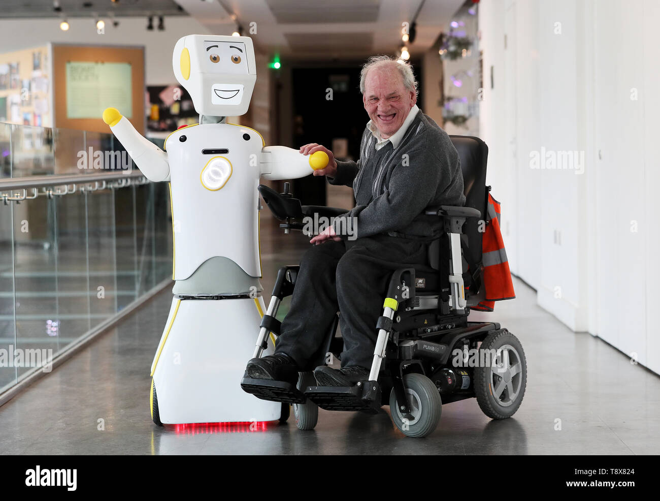 IrelandÕs first socially assistive AI robot 'Stevie II' from robotics  engineers at Trinity College Dublin, with Brendan Crean, who helped trial  the robot through the charity ALONE, during a special demonstration at