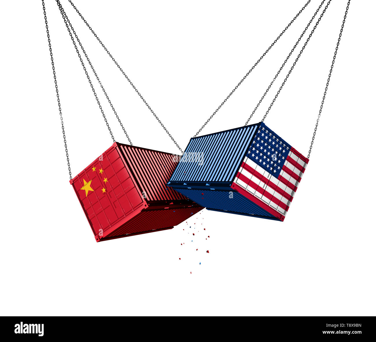 USA and China trade war and American tariffs as two opposing cargo freight containers in conflict as an economic dispute over import and exports. Stock Photo