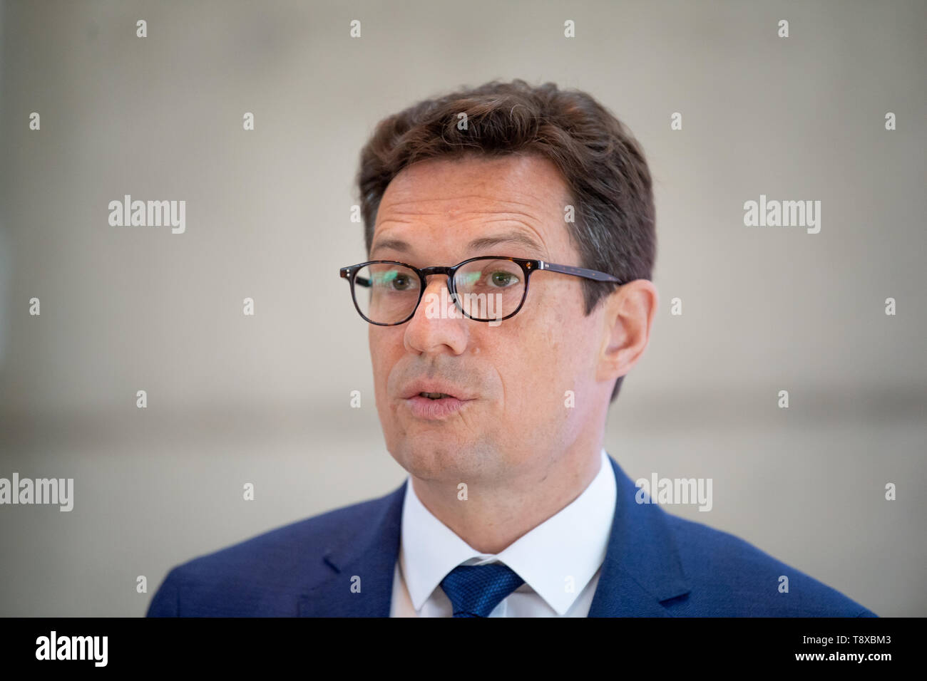 Stuttgart, Germany. 13th May, 2019. Michael Frick, member of the management board of Mahle GmbH, speaks at the annual press conference of the automotive supplier Mahle. Falling market shares for diesel and the global uncertainty caused by smouldering trade conflicts are causing Mahle problems. Credit: Fabian Sommer/dpa/Alamy Live News Stock Photo