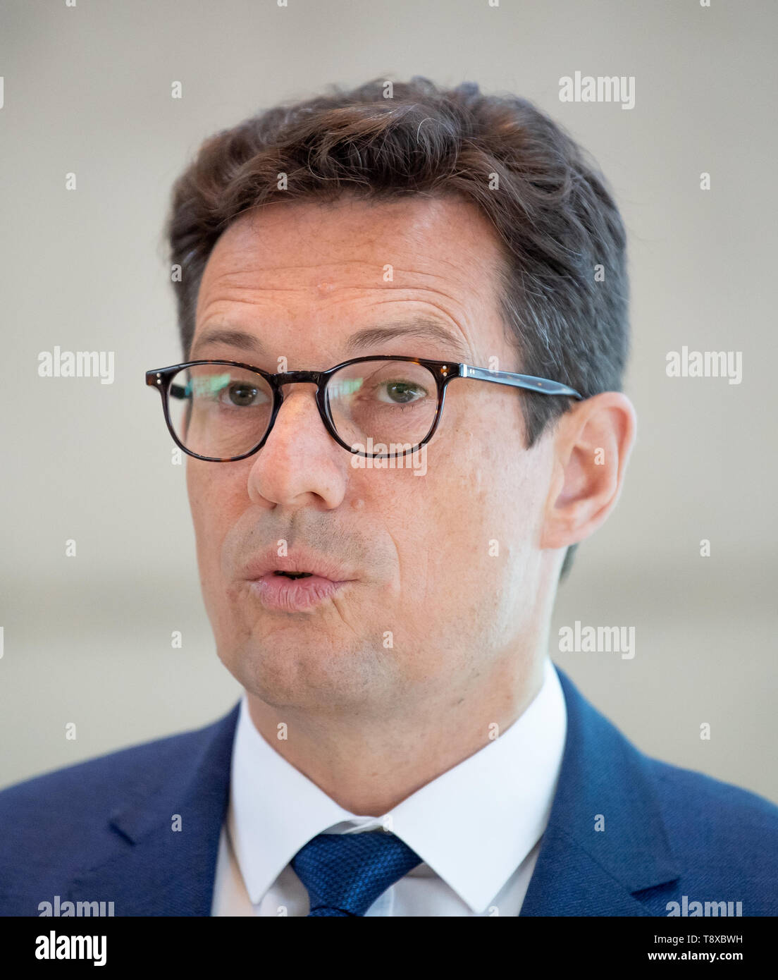 Stuttgart, Germany. 13th May, 2019. Michael Frick, member of the management board of Mahle GmbH, speaks at the annual press conference of the automotive supplier Mahle. Falling market shares for diesel and the global uncertainty caused by smouldering trade conflicts are causing Mahle problems. Credit: Fabian Sommer/dpa/Alamy Live News Stock Photo