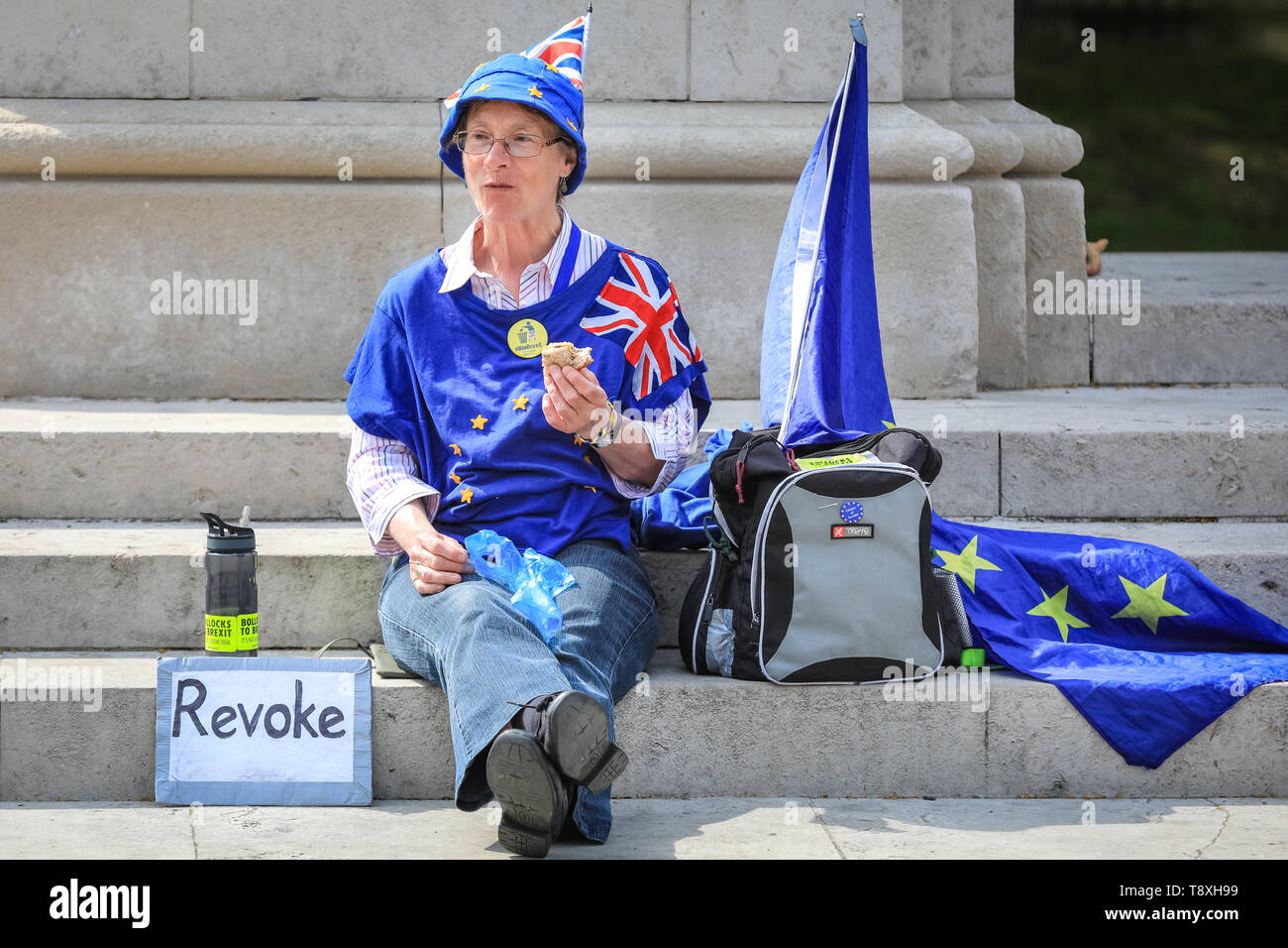 Westminster, London, UK. 15th May, 2019. A remain protester takes a quick break in the sunshine. Pro and Anti Brexit protesters demonstrate around the Houses of Parliament in Westminster today. Credit: Imageplotter/Alamy Live News Stock Photo