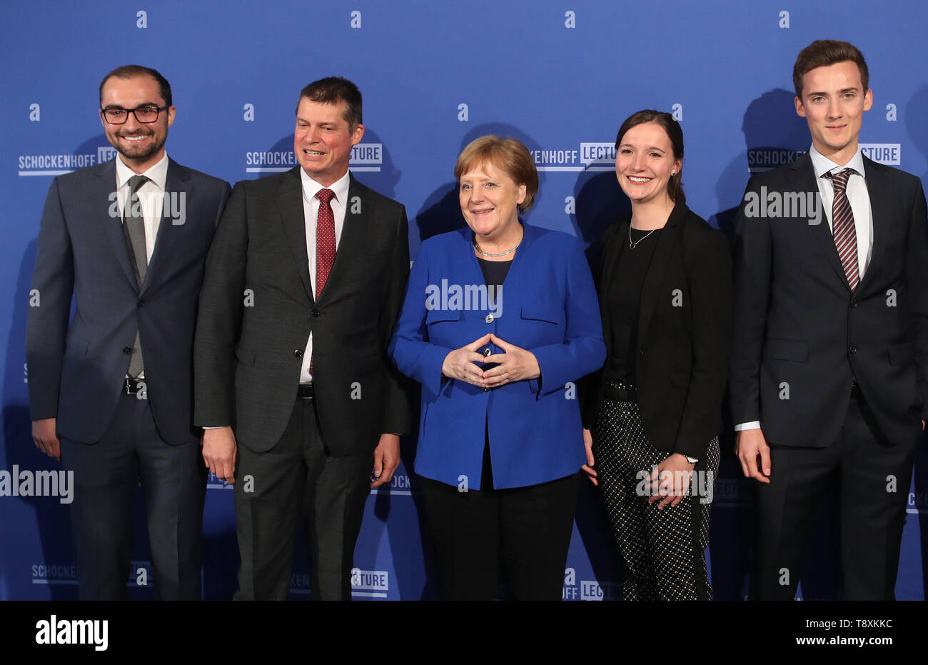 Ravensburg, Germany. 15th May, 2019. Chancellor Angela Merkel (CDU) is about to premiere the Dr. Andreas Schockenhoff Lecture together with Axel Müller (CDU 2nd from left) and the children of Andreas Schockenhoff, Ferdinand (l), Theresa (4th from left) and Philipp (r) for a photo. In order to keep alive the memory of the legacy of the late member of the Bundestag Andreas Schockenhoff, his successor in the constituency of Ravensburg, Axel Müller, initiated the lecture series. Credit: Karl-Josef Hildenbrand/dpa/Alamy Live News Stock Photo