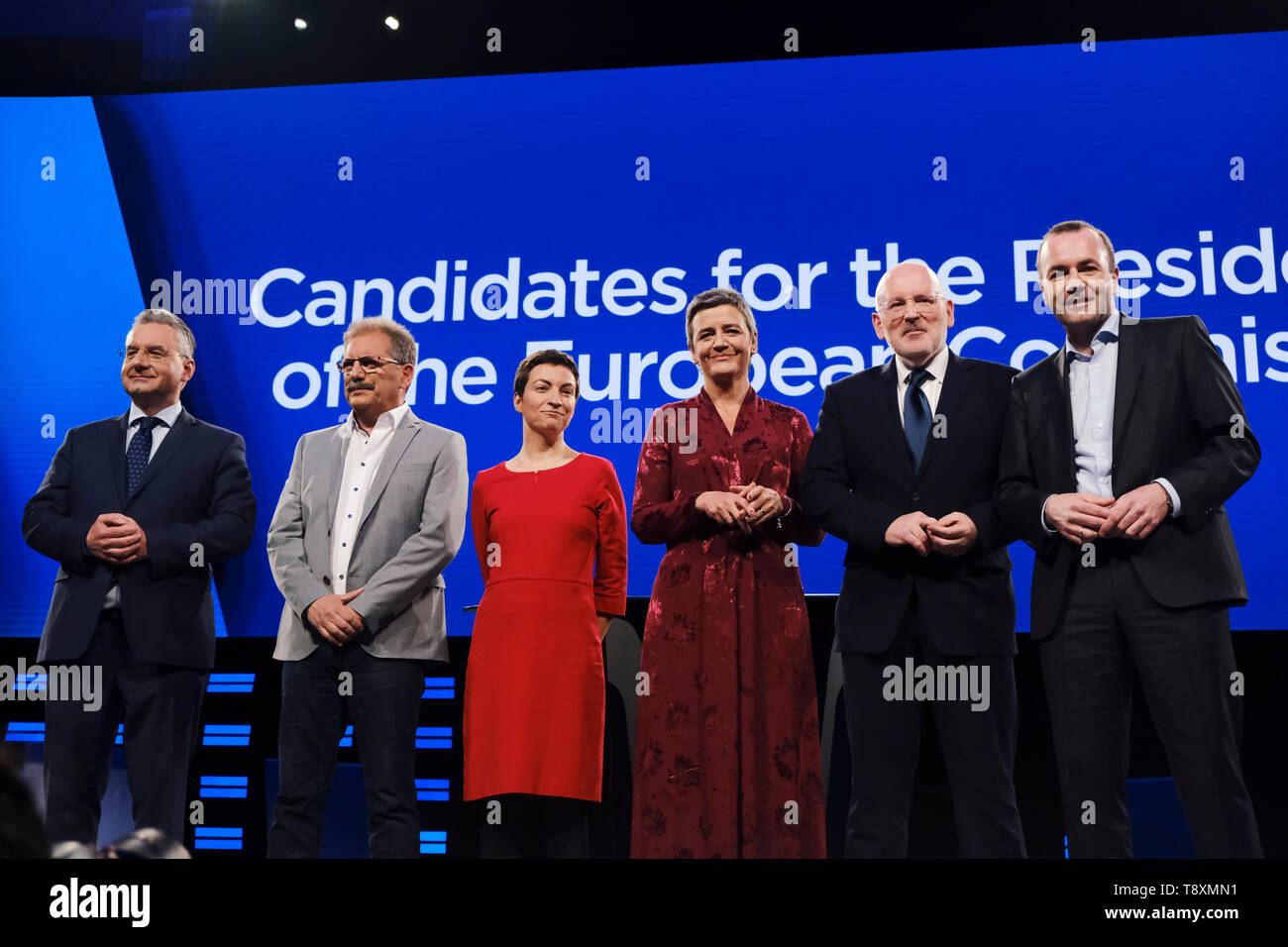 Brussels, Belgium. 15th May, 2019. The candidates to the presidency of the Commission pose on stage prior to a debate at the European Parliament. Credit: ALEXANDROS MICHAILIDIS/Alamy Live News Stock Photo