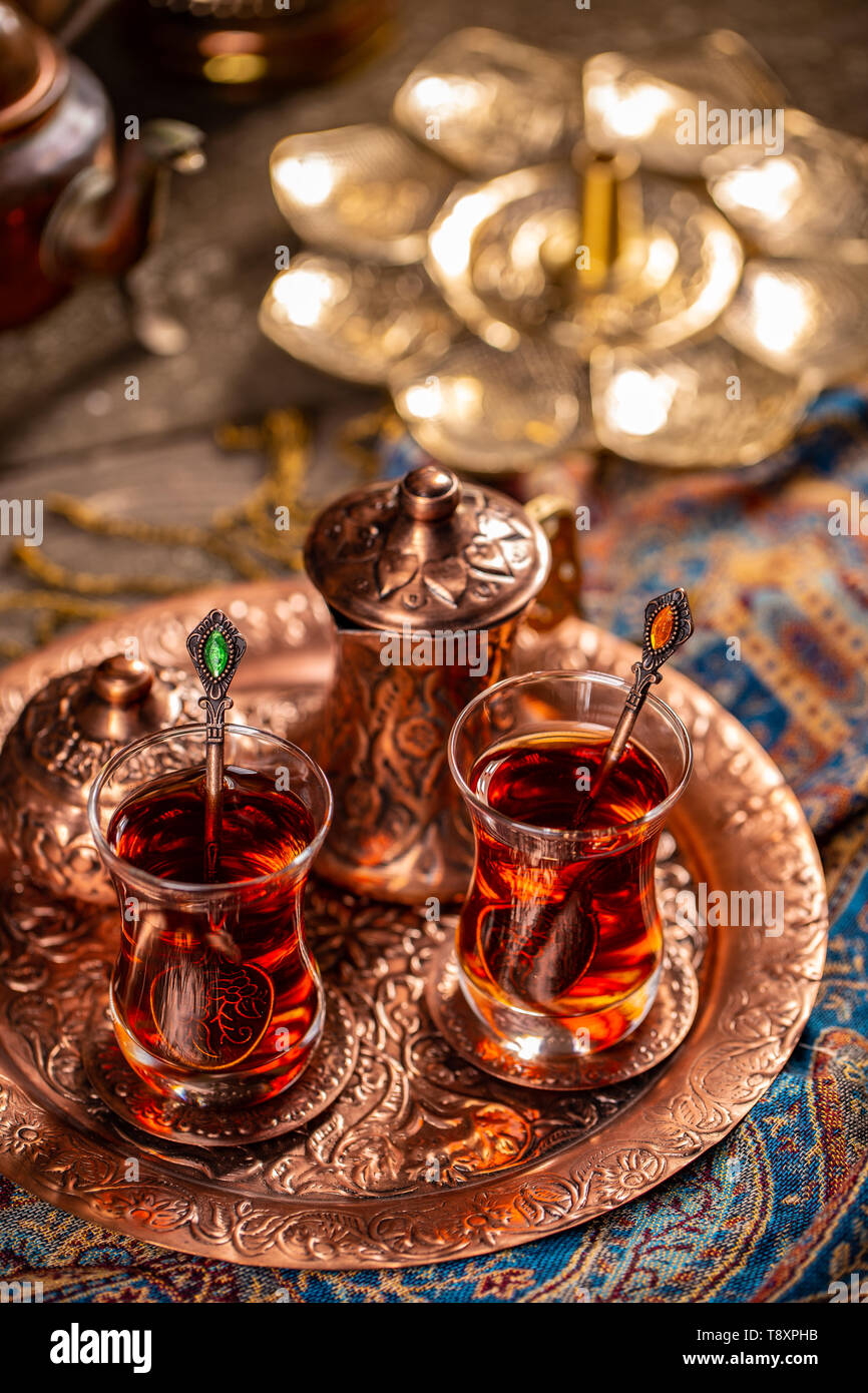 Turkish tea in traditional glasses and pot Stock Photo Alamy