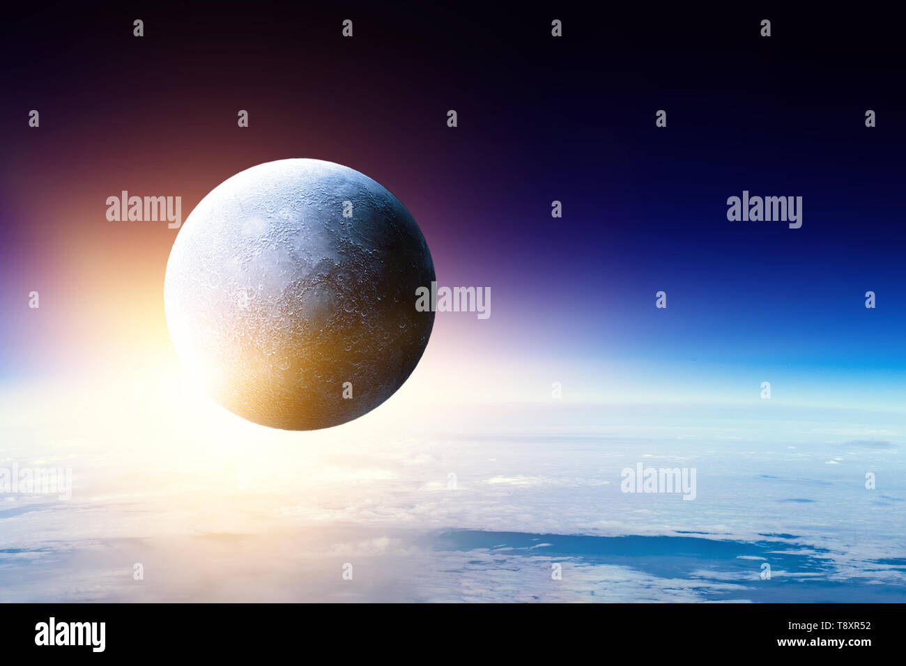 Planet and Moon with space beauty on dark starry sky background Stock ...