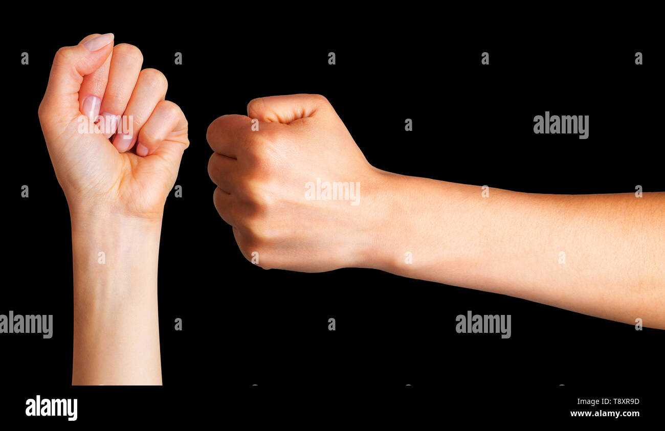 Set of woman clenched fist. Concept of unity, fight or cooperation