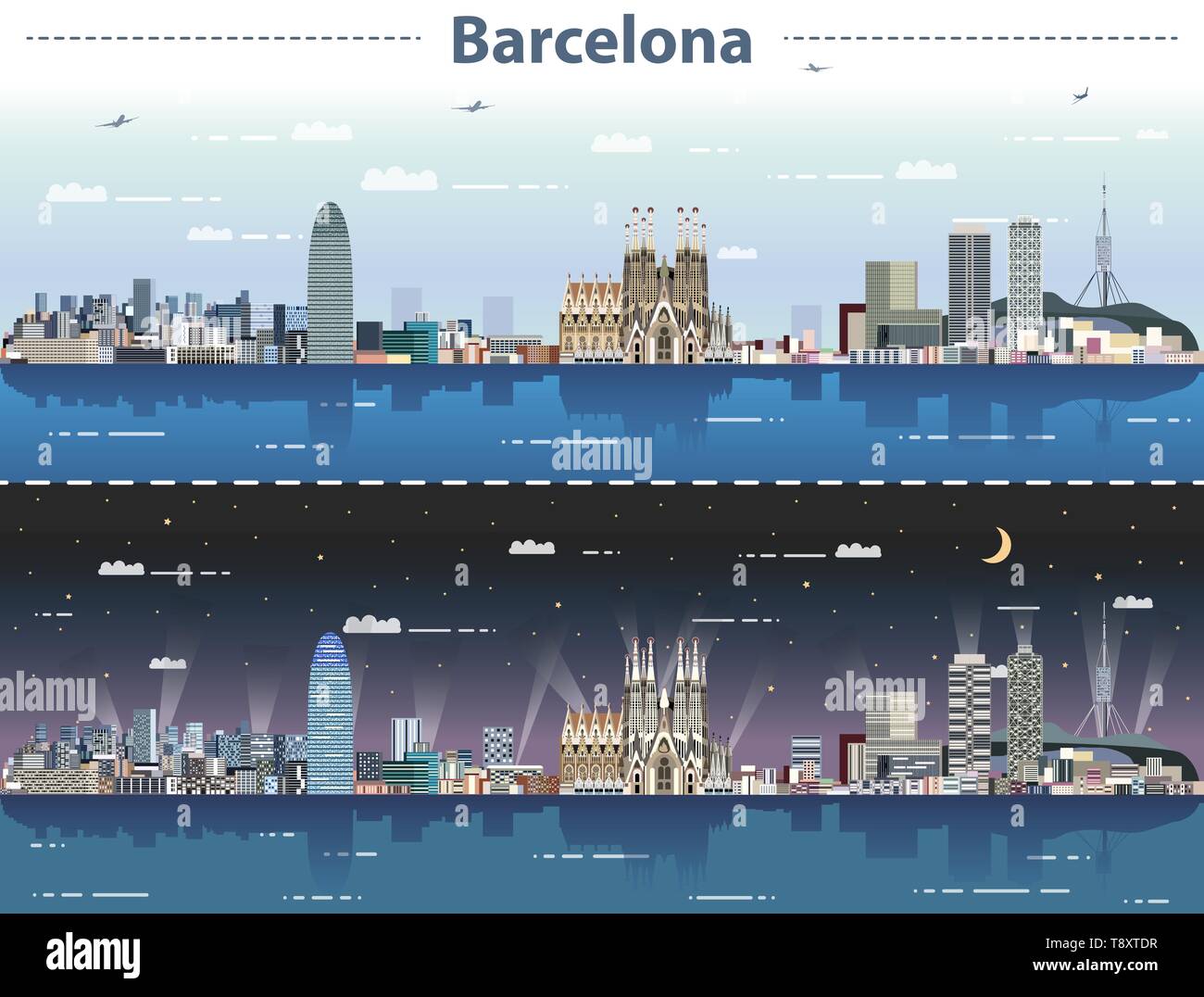 Barcelona City Skyline At Day And Night Vector Illustration Stock Vector Image Art Alamy