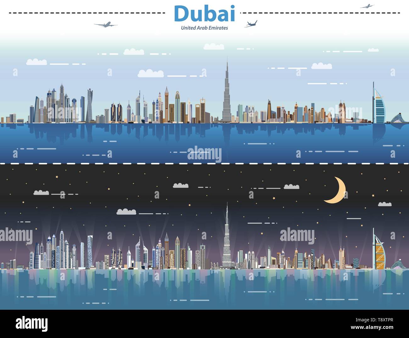 Dubai city skyline at day and night vector illustration Stock Vector