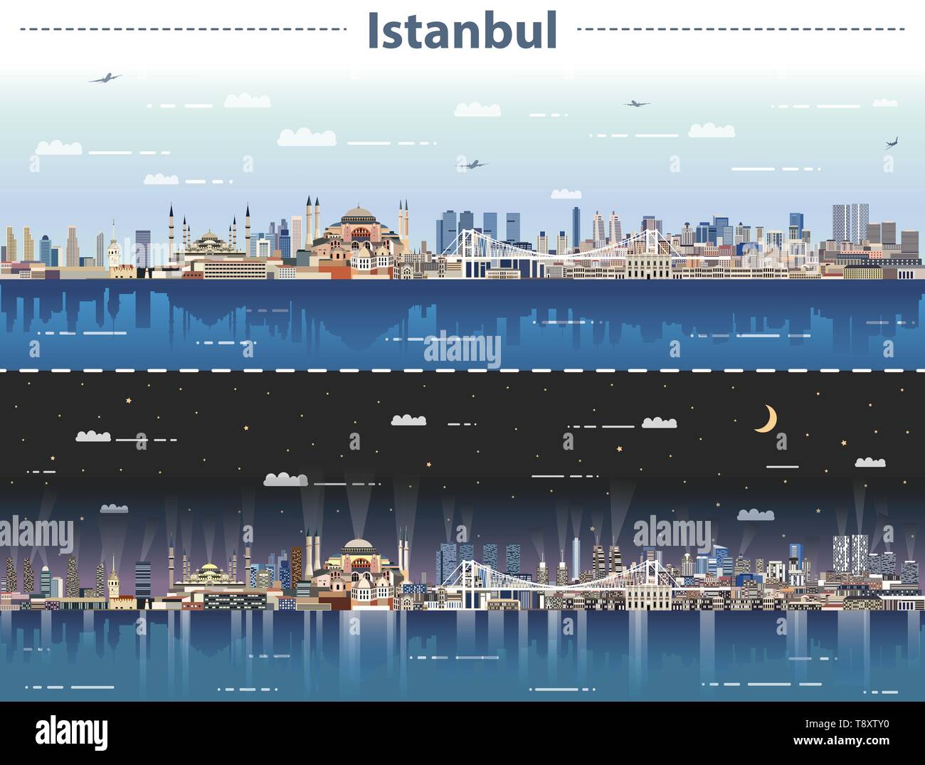 Istanbul city skyline at day and night vector illustration Stock Vector