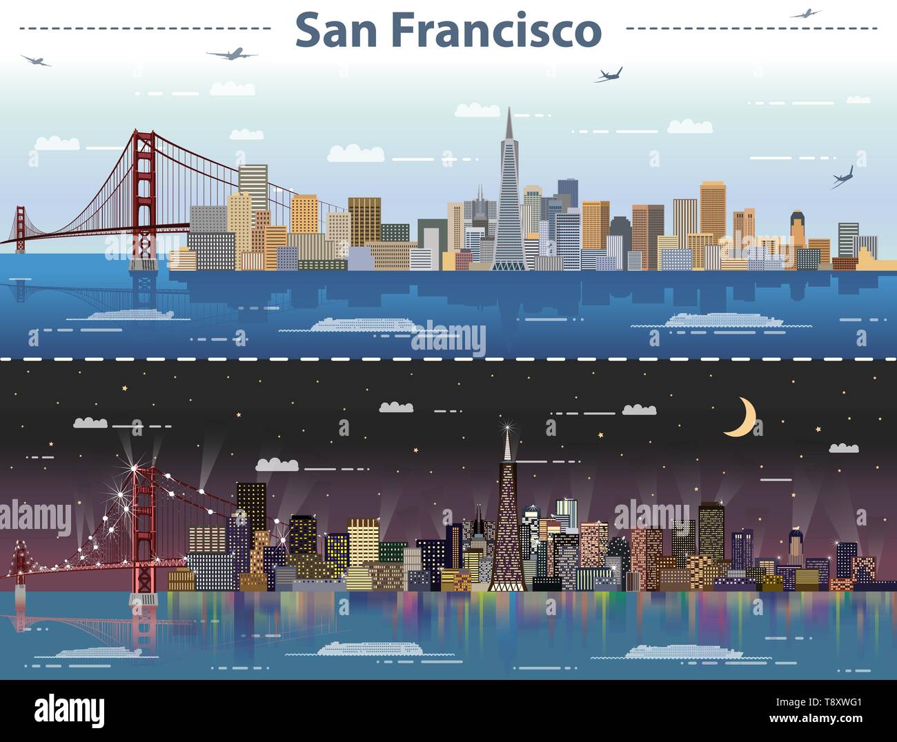 San Francisco city skyline at day and night vector illustration Stock Vector