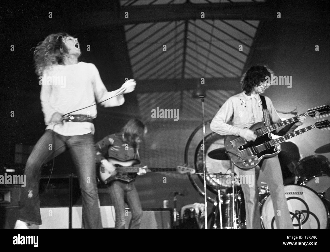 Robert Plant, John Paul Johnes and Jimmy Page of Led Zeppelin performs on stage at Oude Rai on 27th May 1972 in Amsterdam, Netherlands. (Photo by Gijsbert Hanekroot) Stock Photo