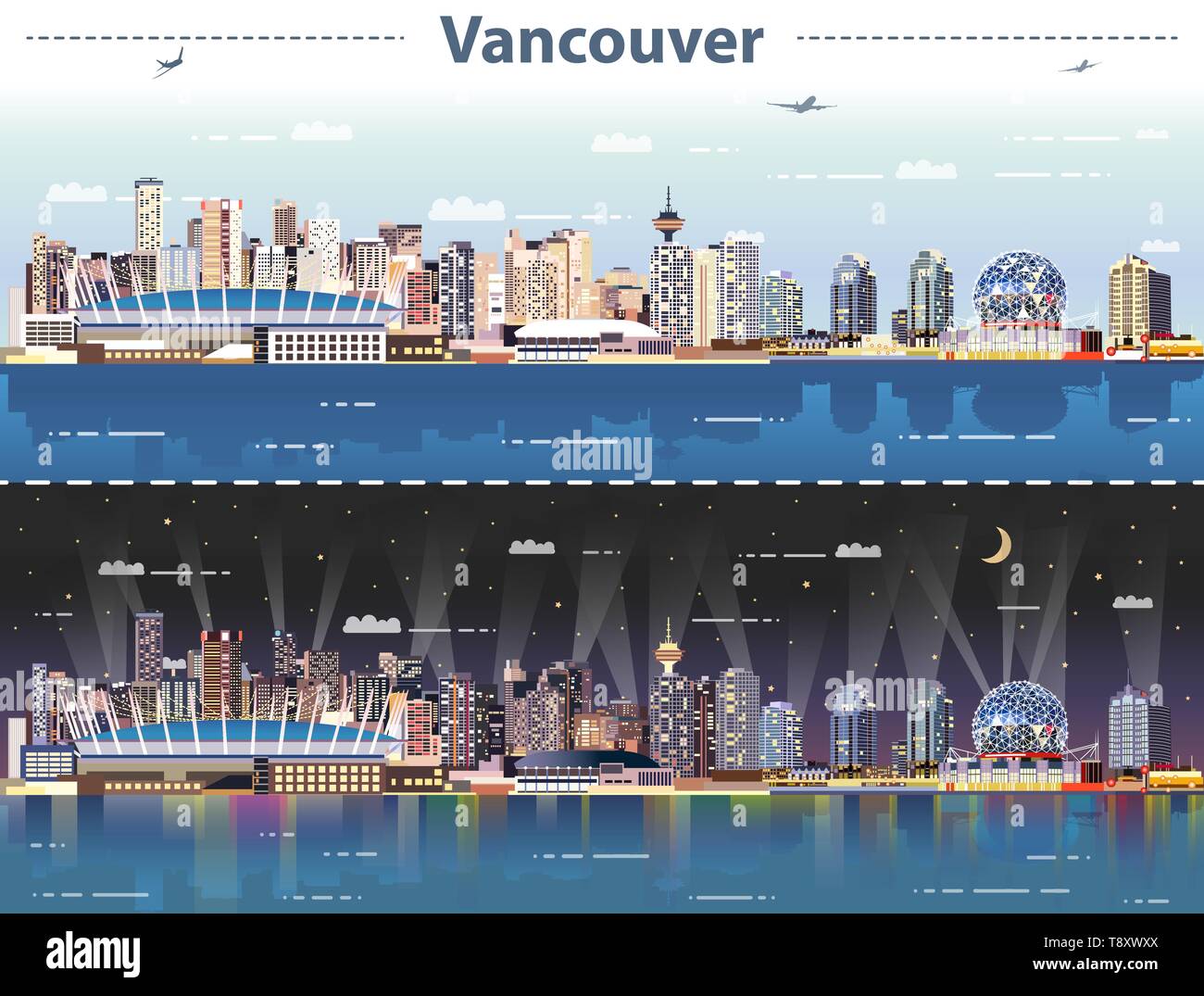 Vancouver city skyline at day and night vector illustration Stock ...