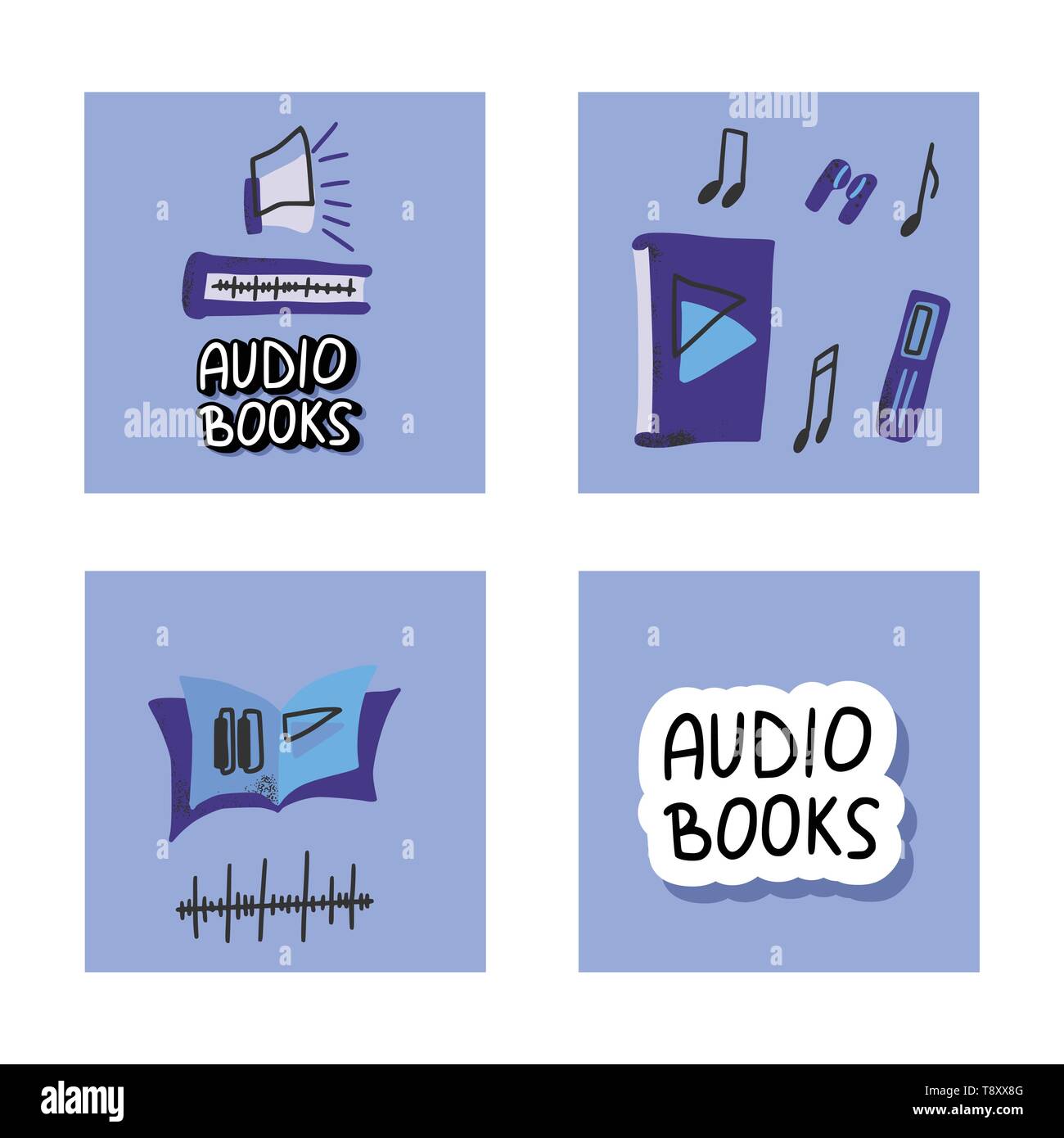 Audiobooks concept. Set of audio book symbols with lettering. Vector ...