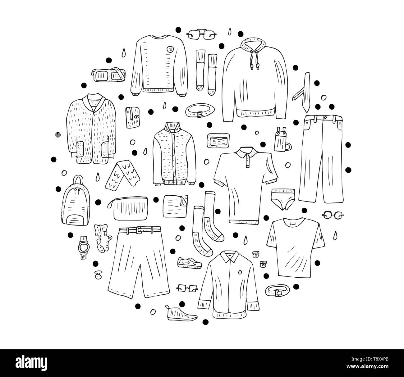 Round concept of men apparel and accessories set in doodle style. Collection of male clothes, shoes isolated on white background. Vector illustration. Stock Vector
