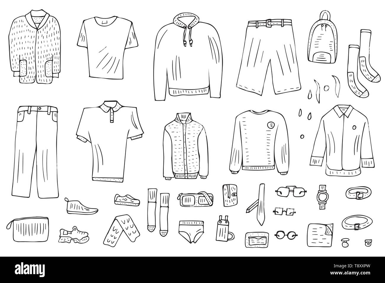 Men apparel and accessories set in doodle style. Collection of male clothes,  shoes isolated on white background. Vector black and white design illust  Stock Vector Image & Art - Alamy