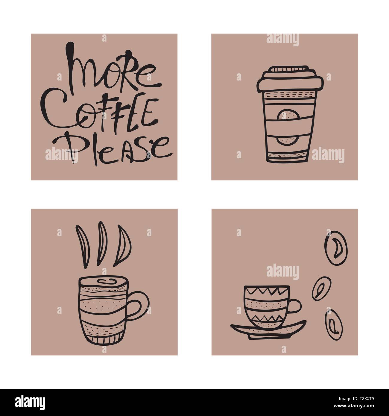 More coffe please lettering with mugs cards. Set of cups with hot beverage in doodle style. Poster template. Vector illustration. Stock Vector