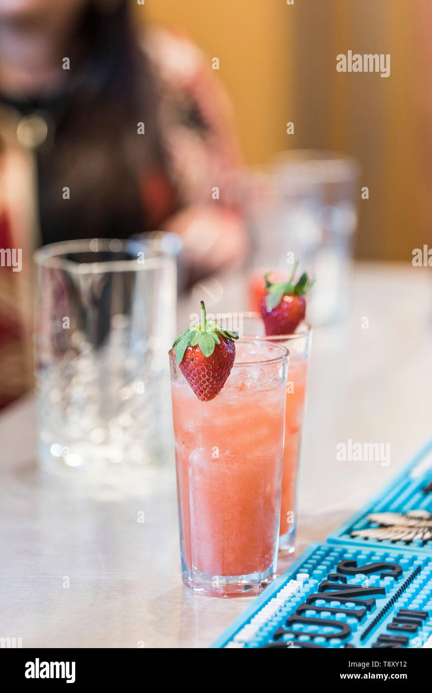 Strawberry based cocktails at a pop up bar at Trebah Garden in Cornwall. Stock Photo