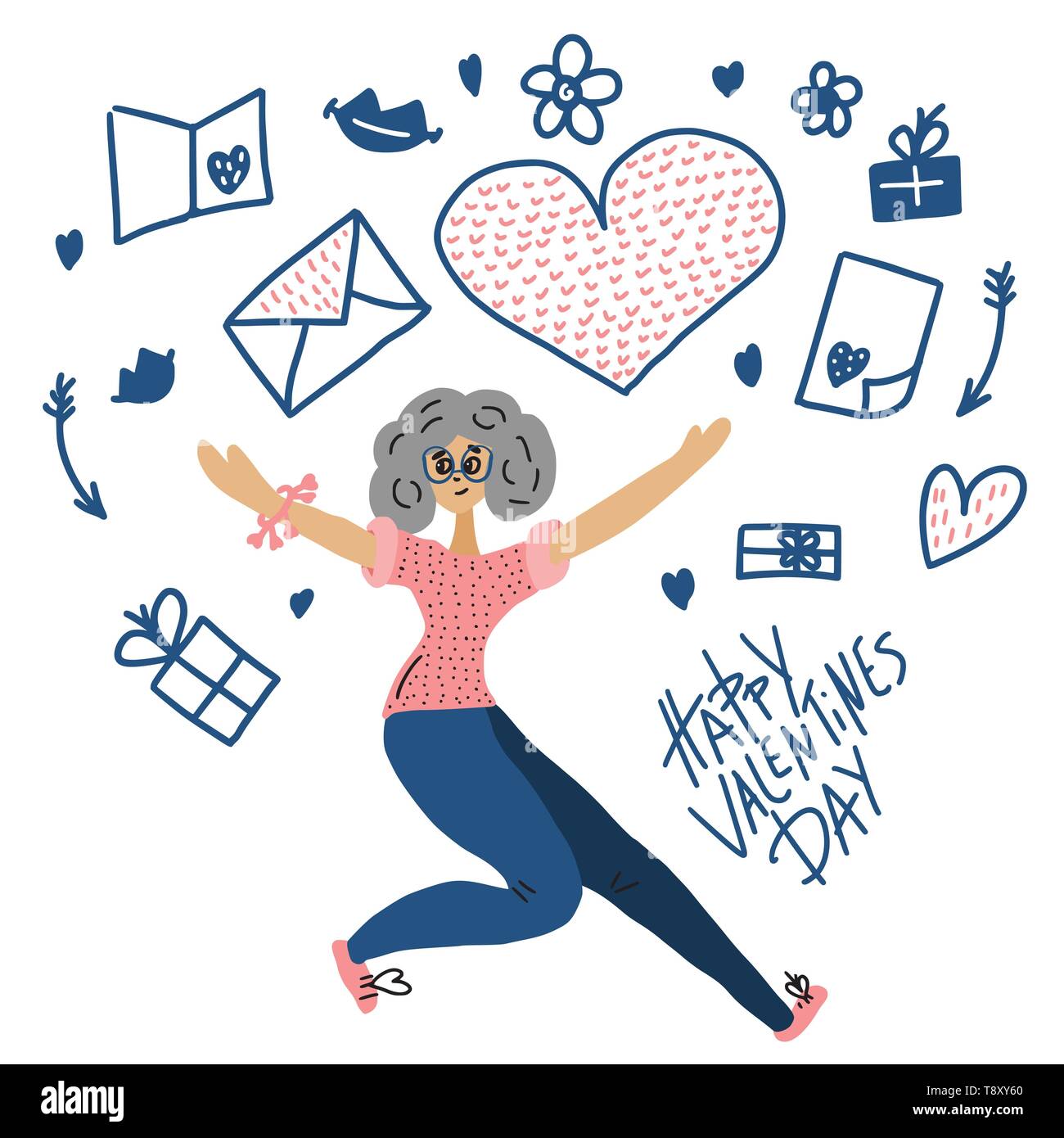 Happy Valentines Day concept with girl character. Vector illustration ...