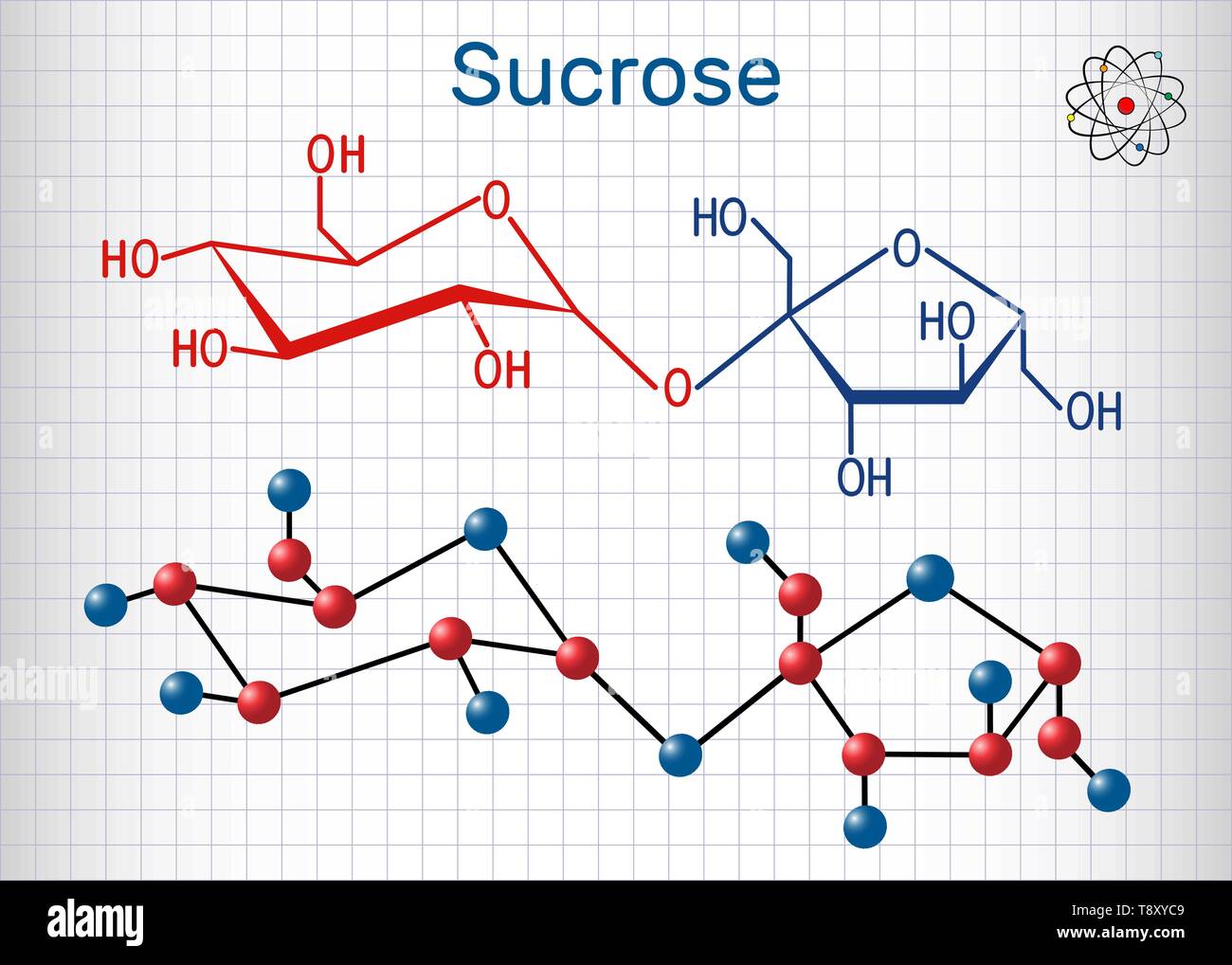 Sucrose sugar molecule. Structural chemical formula and molecule model