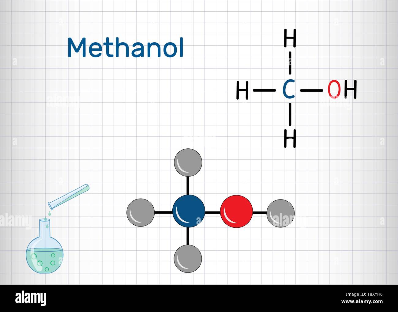 Methanol, methyl alcohol, molecule. Sugar substitute and E951. Structural chemical formula and molecule model. Sheet of paper in a cage. Stock Vector