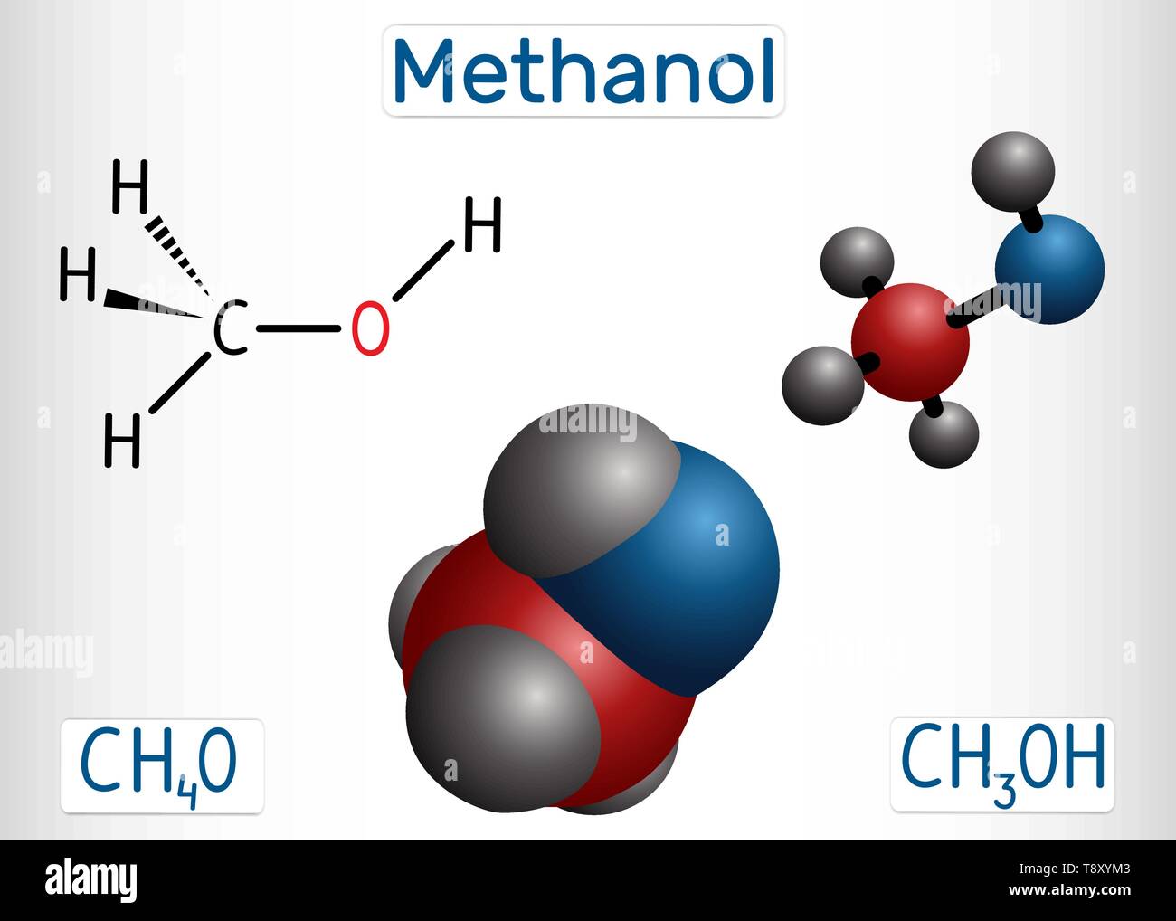 Methanol, methyl alcohol, molecule. Sugar substitute and E951. Structural chemical formula and molecule model. Vector illustration Stock Vector