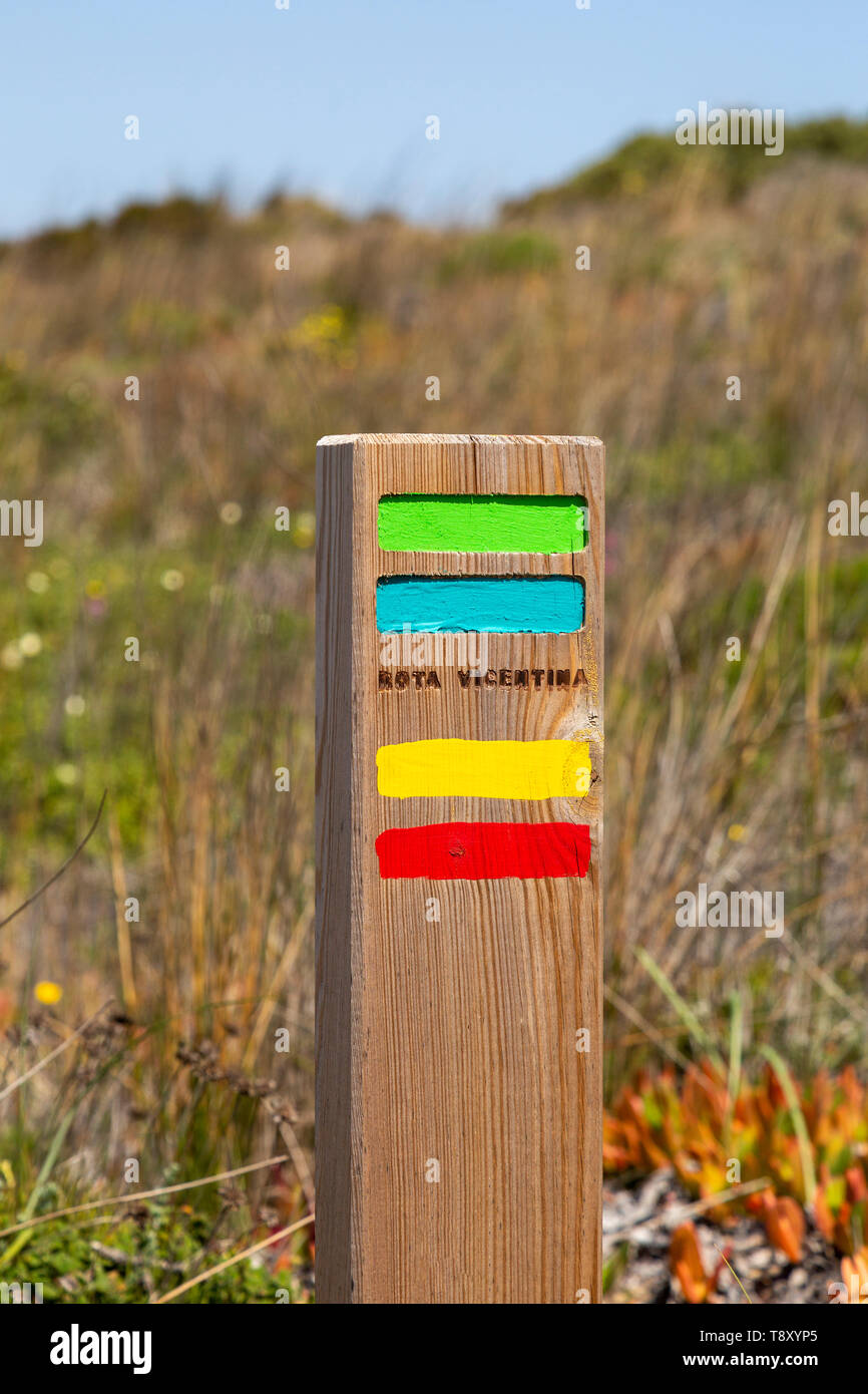 Footpath marker way mark sign Rota Vicentina long distance footpath,  Fisherman's Trail, Atlantic coast, Portugal, Southern Europe Stock Photo -  Alamy