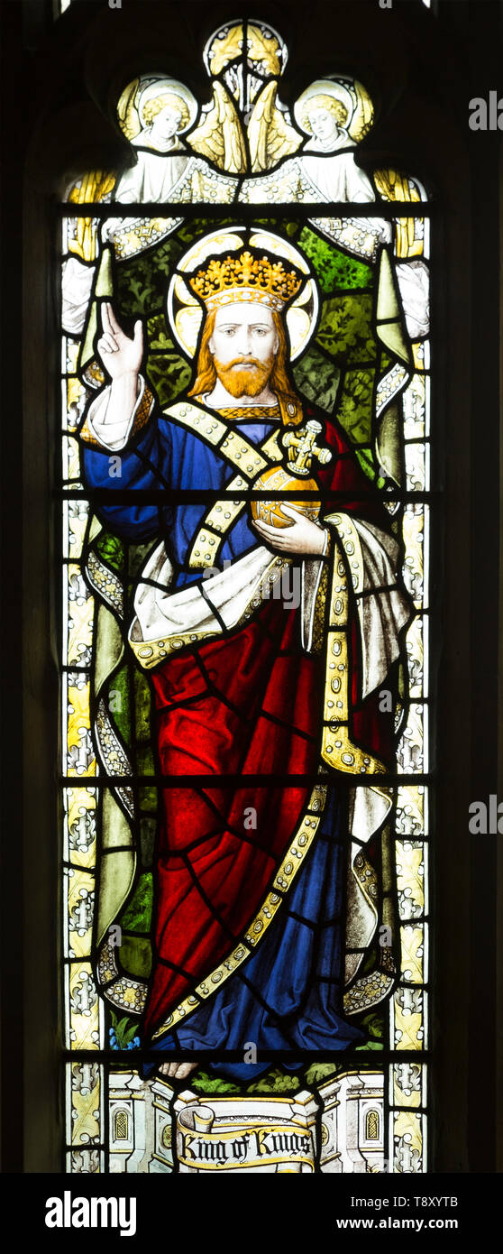 Jesus Christ, King of Kings, stained glass window by Burlisson and Grylls 1906, All Saints church, Stanton St Bernard, Wiltshire, England, UK Stock Photo