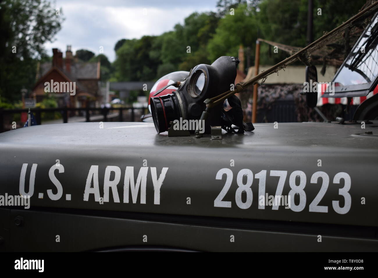 US Army displays, including classic vehicles and memorabilia from WW2 on display at the 1940s weekend on the Severn Valley Railway. Stock Photo