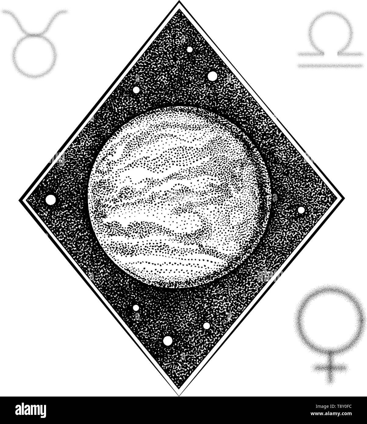 Venus. Hand drawn illustration in dotwork style with astrological symbols of the planet and Taurus and Libra zodiac signs. Space concept, astrology, a Stock Vector