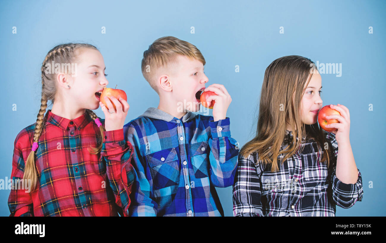 We believe in unjunking our food and our lives. Food for children. Small kids enjoy eating natural food. Little children biting red juicy apples. Providing organic food for kids. Stock Photo