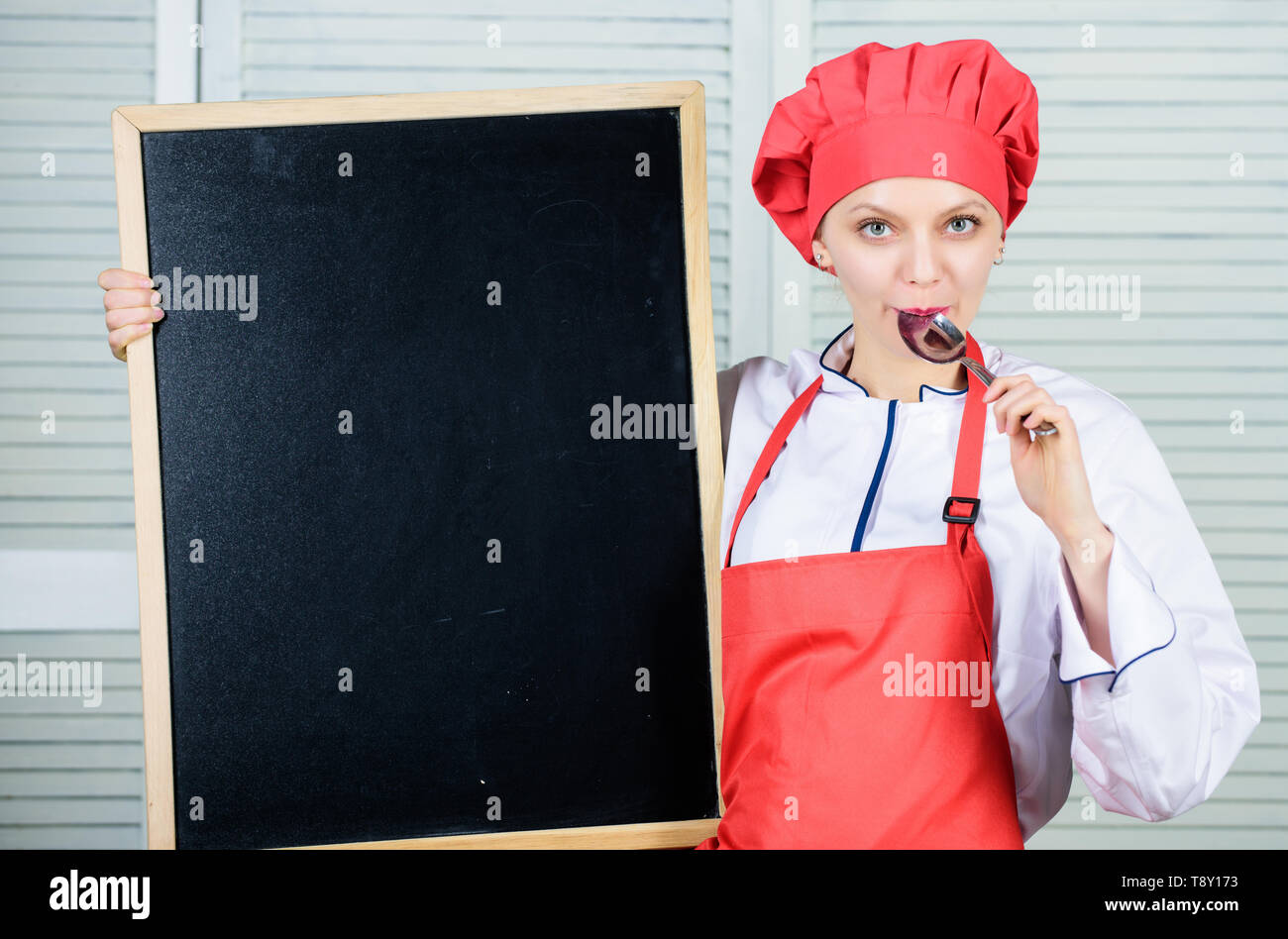 Staff wanted. Looking for colleagues. Woman chef hat apron hold ...