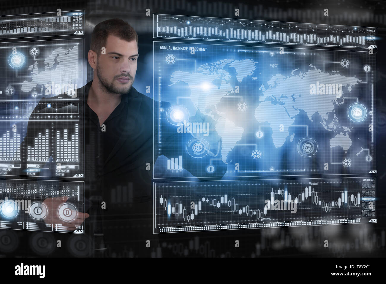 Businessman works with virtual holographic interface. Future technology concept Stock Photo