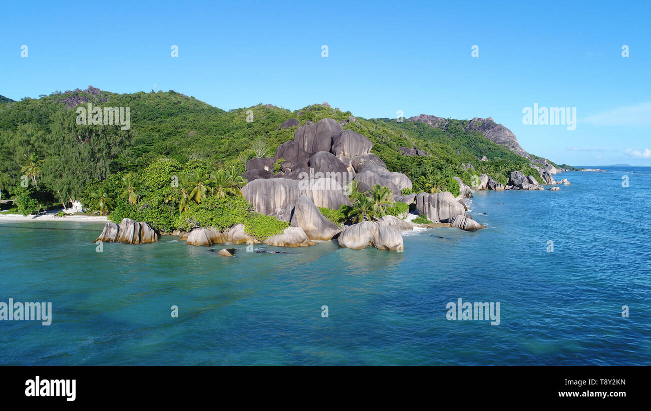 aerial view on anse source d'argent beach on la digue island in seychelles Stock Photo