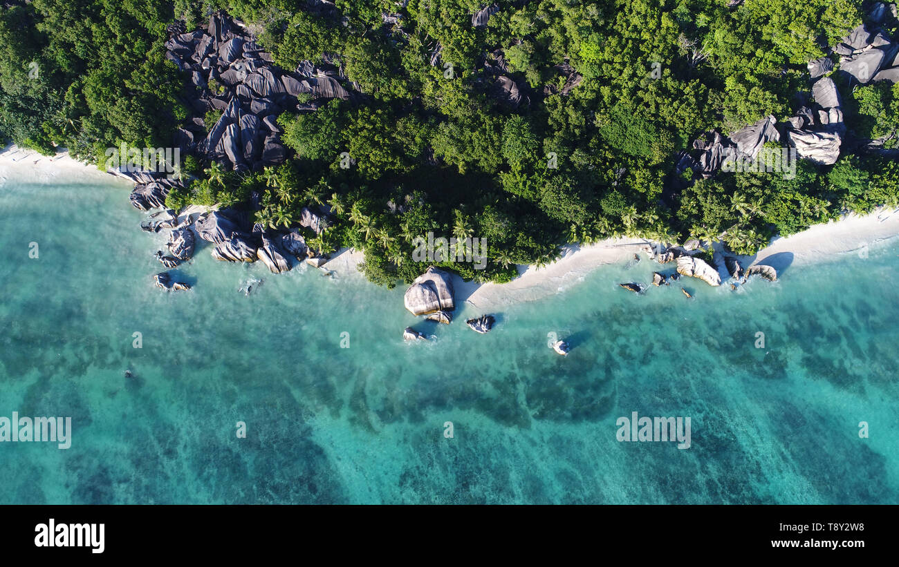 aerial view on anse source d'argent beach on la digue island in seychelles Stock Photo