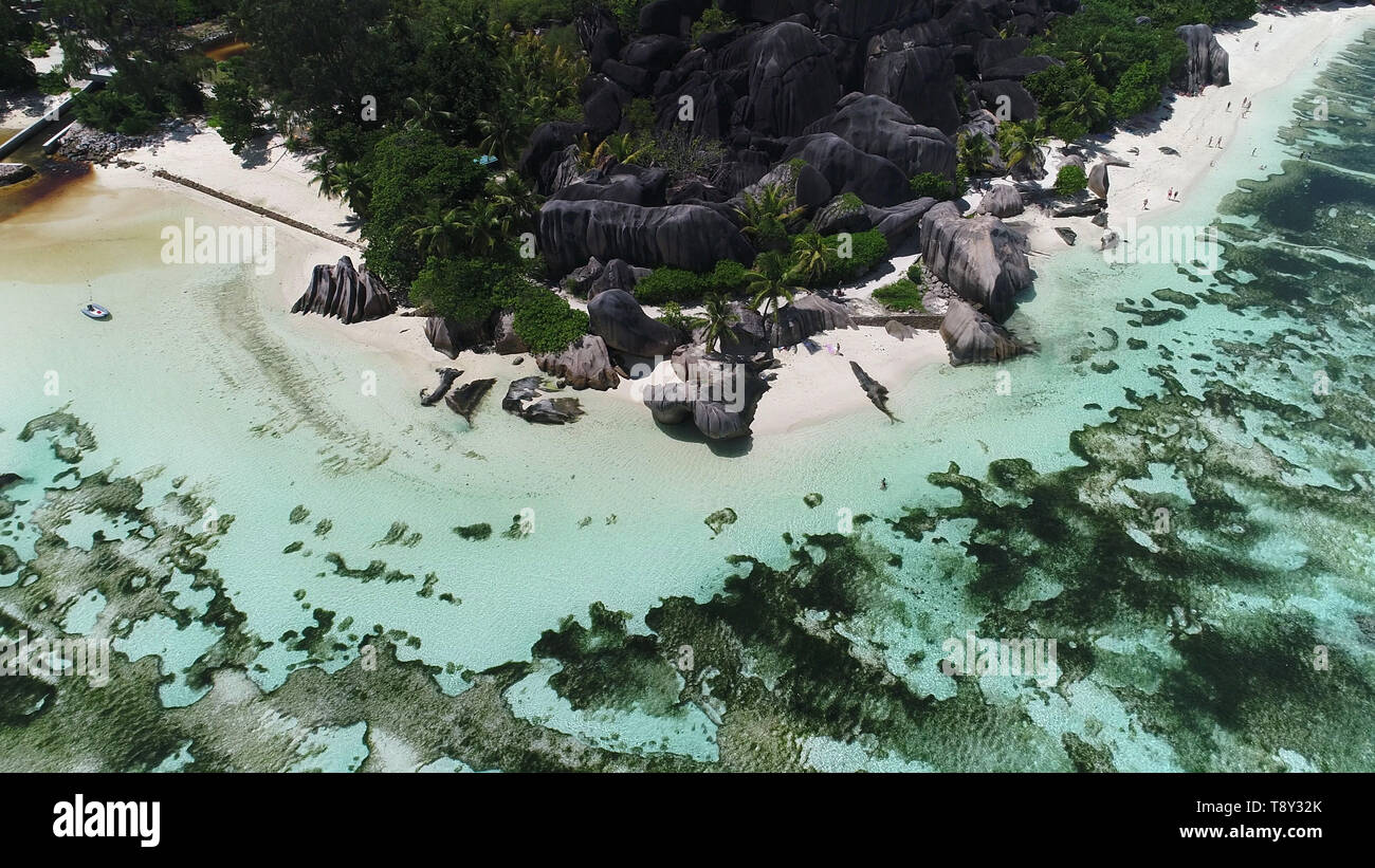 aerial view on anse source d'argent beach on la digue island in seychelles Stock Photo