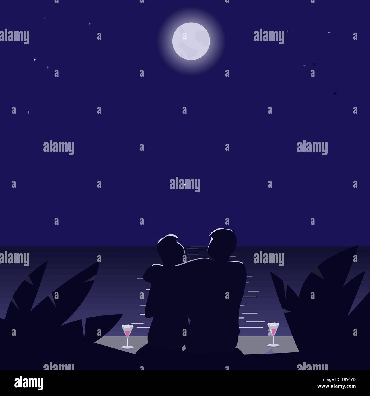 Young couple in love in the moonlight on the seashore. Vector illustration Stock Vector