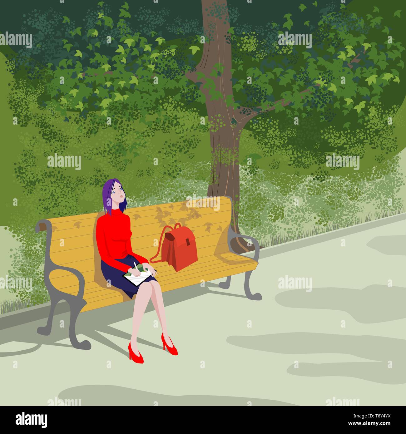 Girl on a park bench draws in a computer tablet. Trees, bushes and green grass on the alley in the garden. Vector illustration Stock Vector
