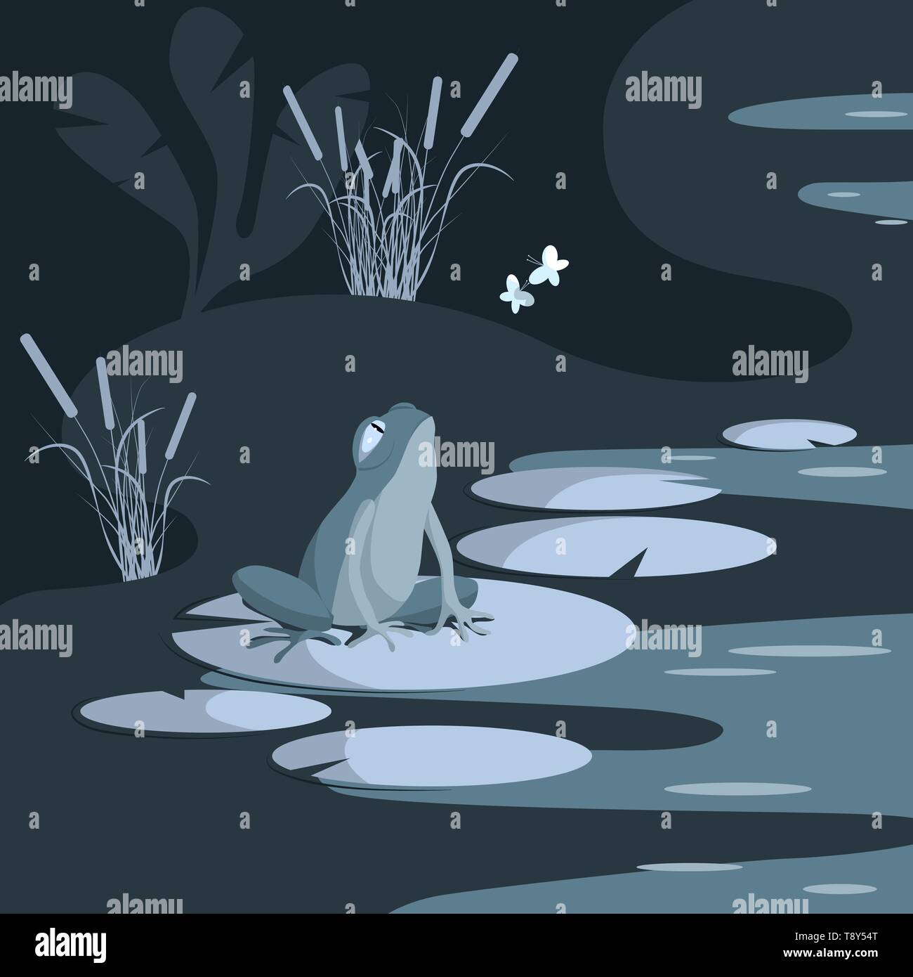 A sad frog on a water lily watches the play in the air of happy butterflies. The swamp is lit by moonlight. Vector illustration Stock Vector