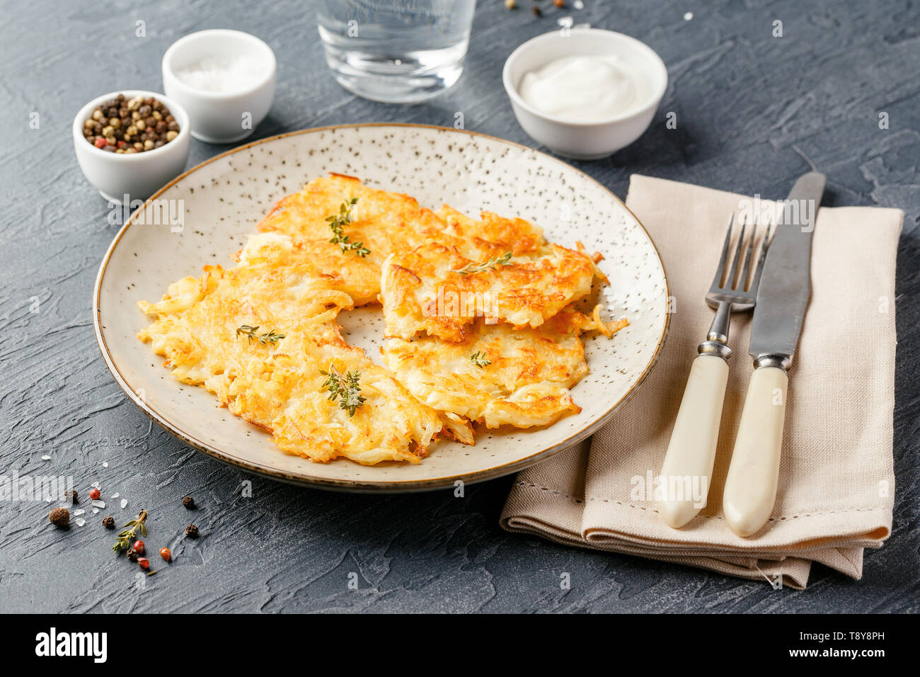 Hommade potato pancakes rosti, hash browns, kartoffelpuffer, latkes
