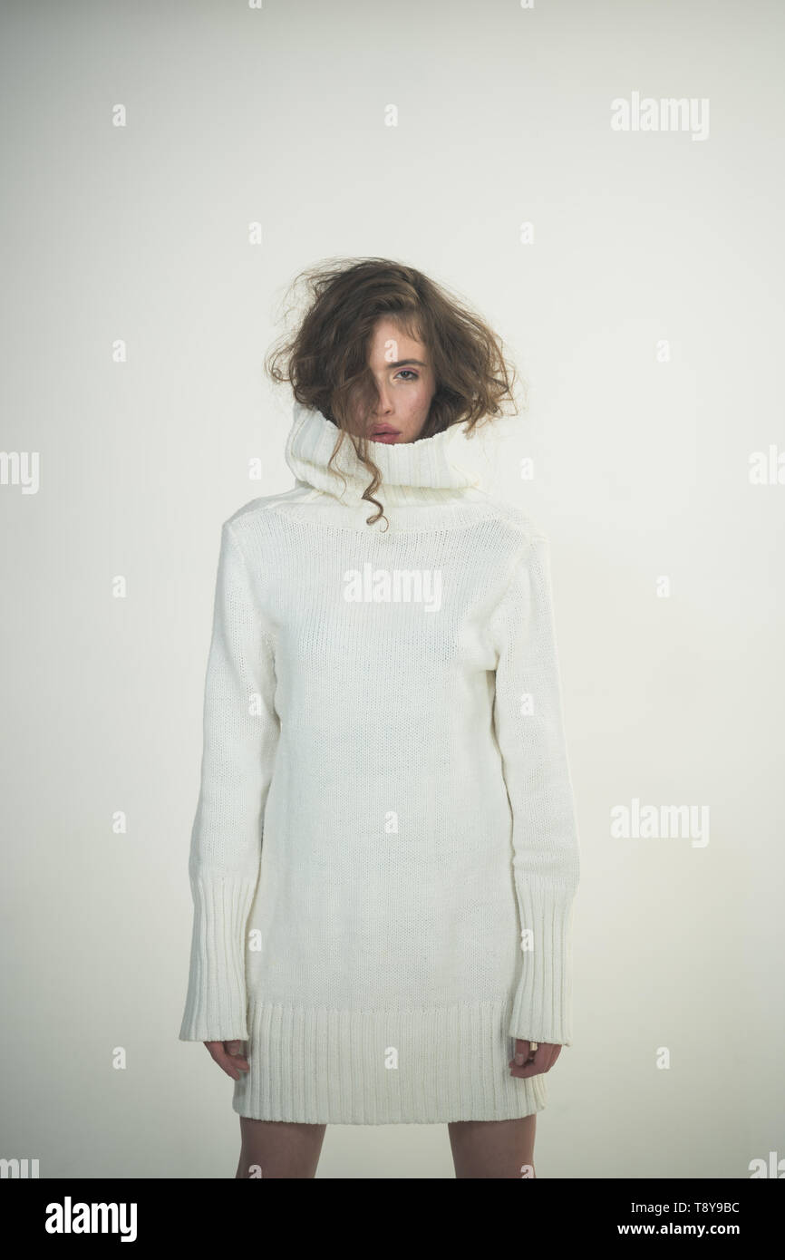Trendy Woman With Stylish Hair In White Winter Sweater Fashion