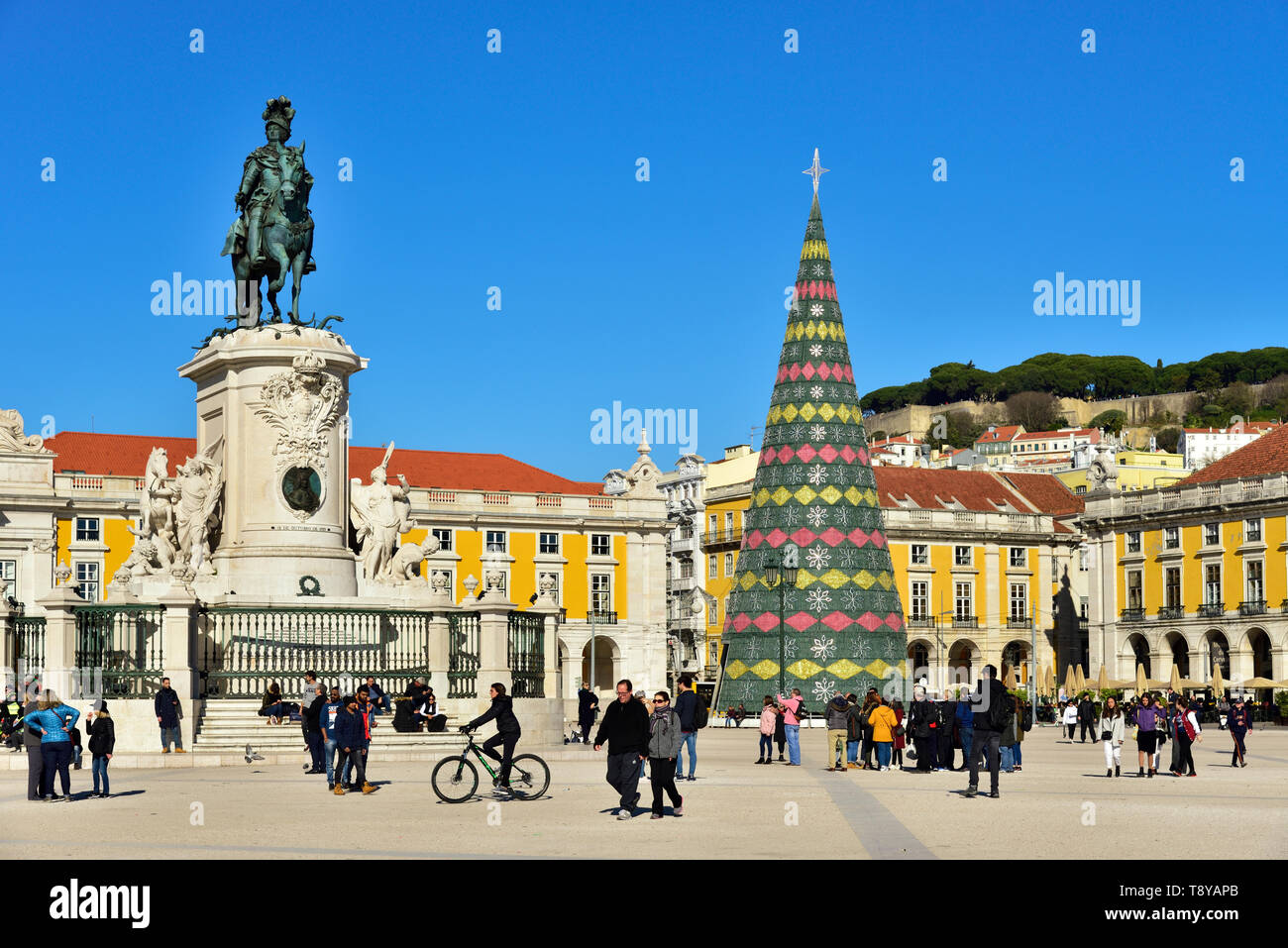 Terreiro do Paço (Praça do Comércio) with the traditional Christmas Tree, one of the centers of the historic city facing the Tagus river. Lisbon, Port Stock Photo
