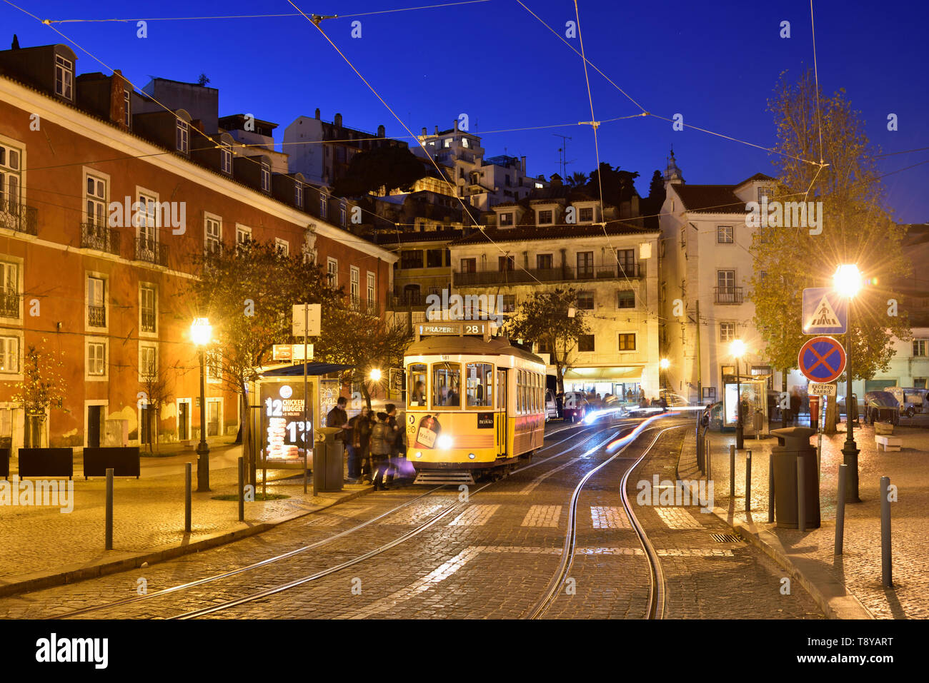 The famous tramway number 28 in Alfama and Castelo districts. Lisbon, Portugal Stock Photo