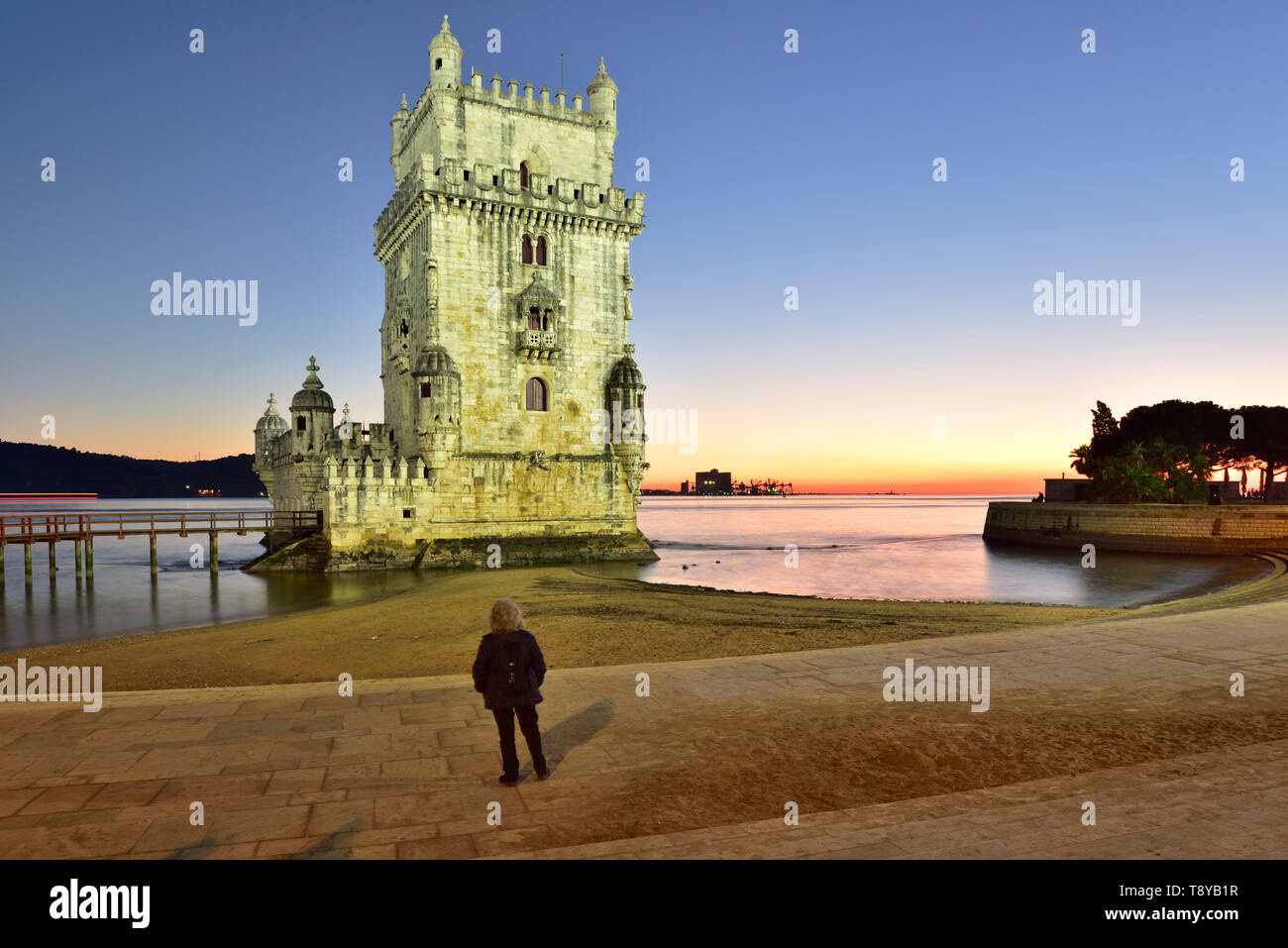 Torre de Belém (Belém Tower), in the Tagus river, a UNESCO World Heritage Site built in the 16th century in Portuguese Manueline Style at twilight. It Stock Photo