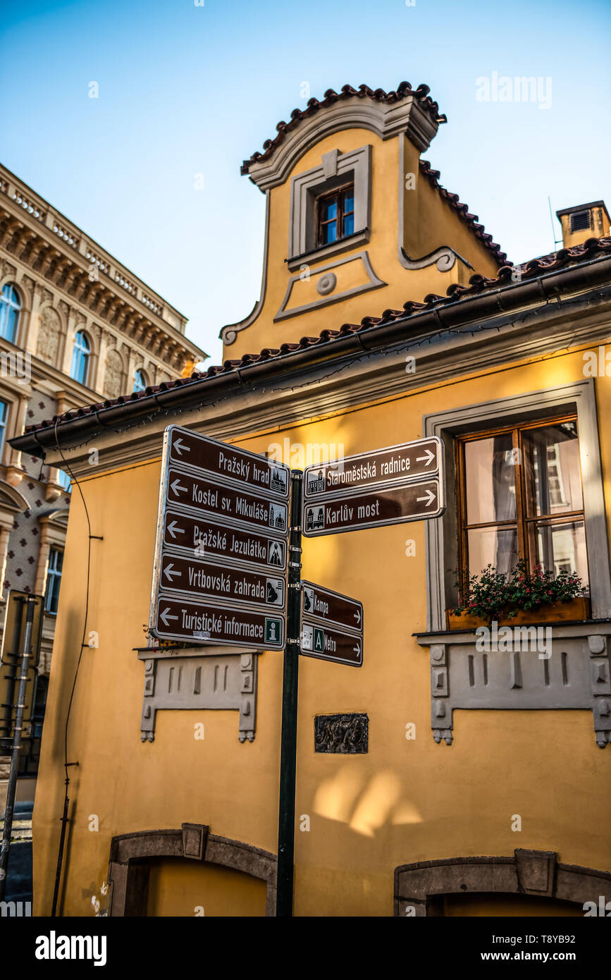Old narrow street of Prague at dawn Stock Photo