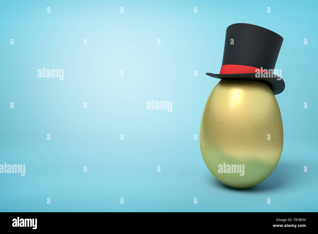 3d rendering of golden egg wearing black tophat standing on the right with much copy space on the rest of light blue background. Stock Photo
